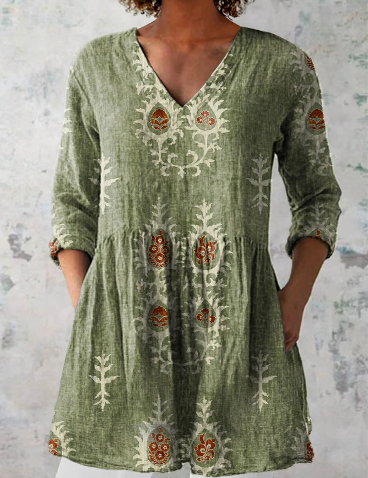 Elise Long Blouse with V-Neck, front view