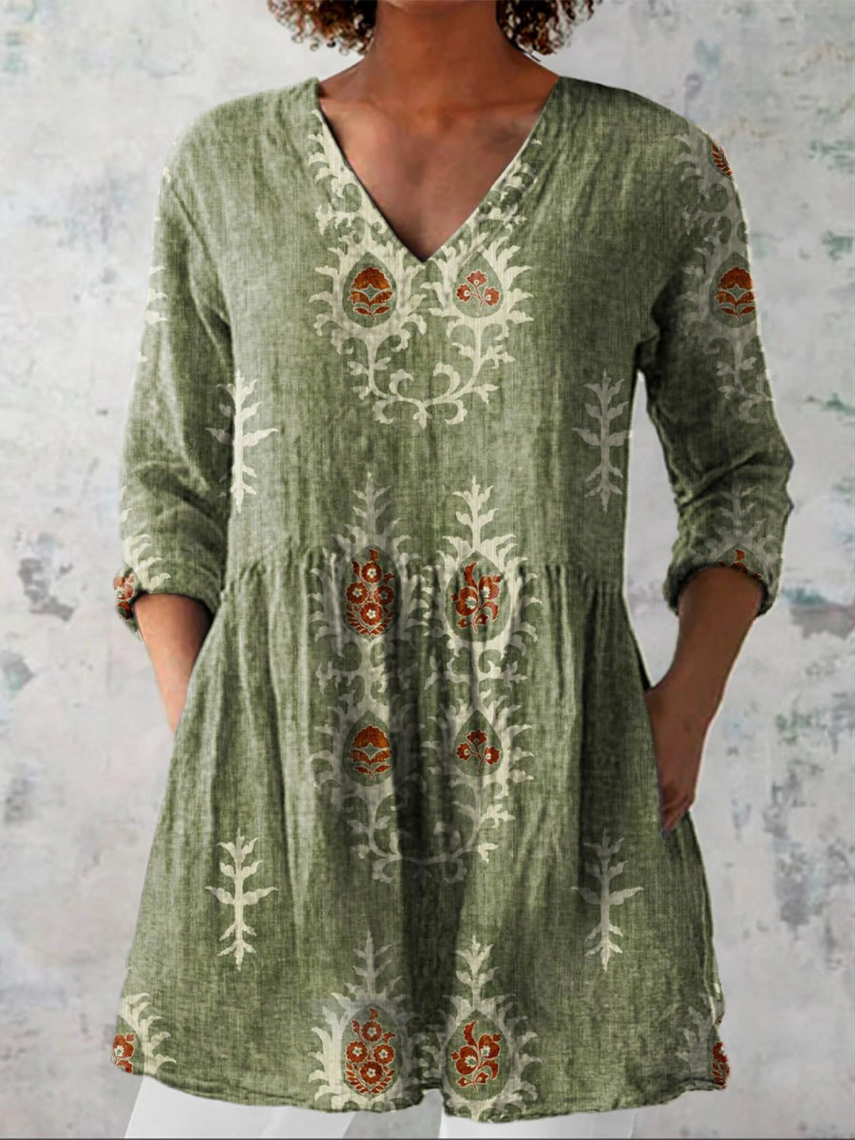 Elise Long Blouse with V-Neck, front view