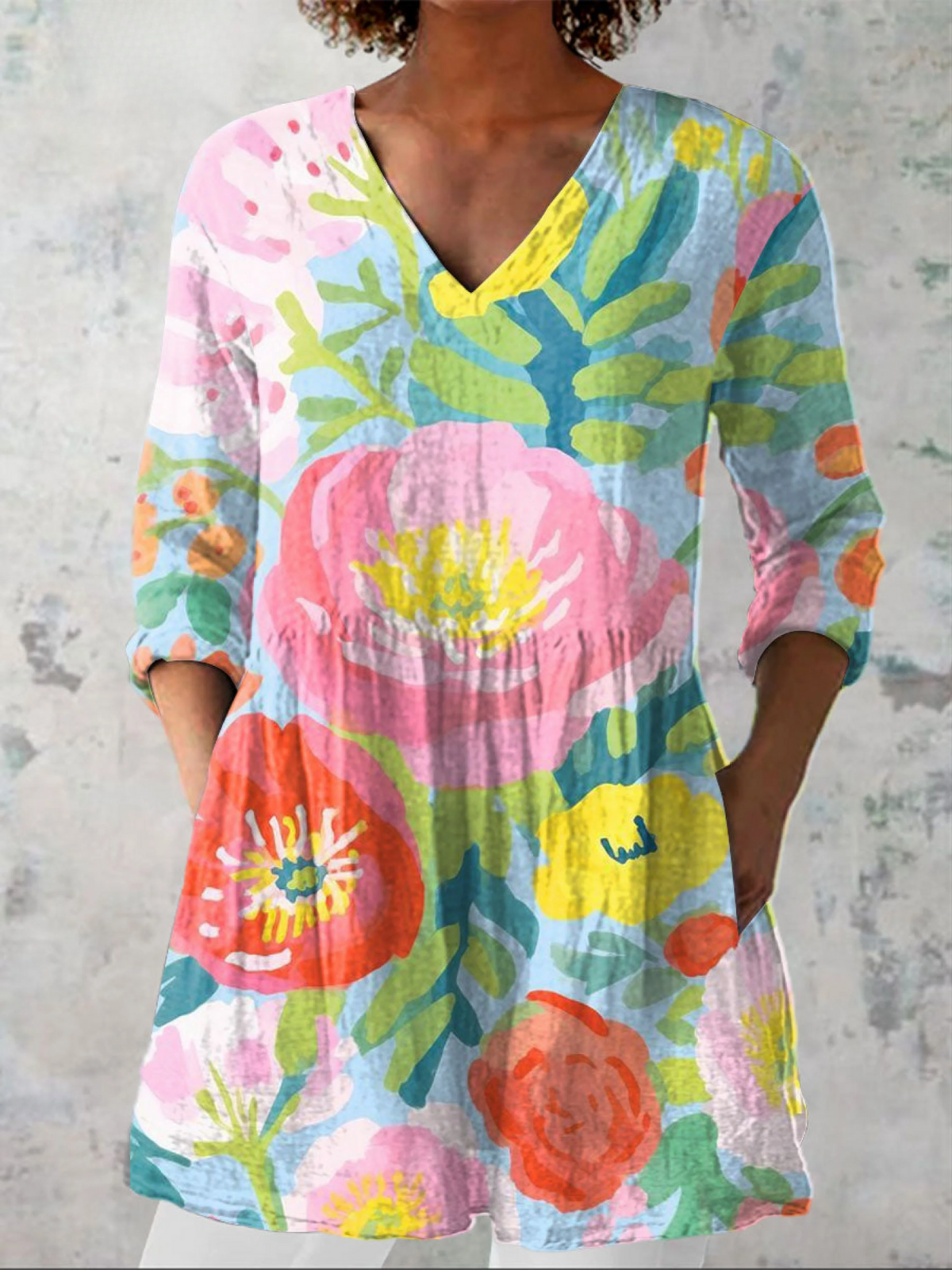 Helene Long Blouse with V-Neck, front view