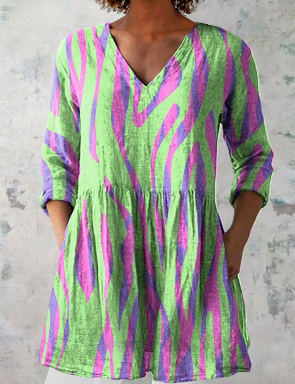 Oceane Long Blouse with V-Neck, front view