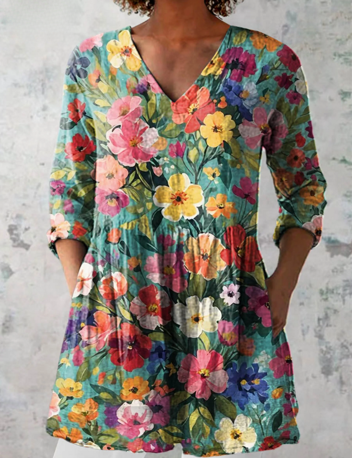 Nora Long Blouse with V-Neck, front view