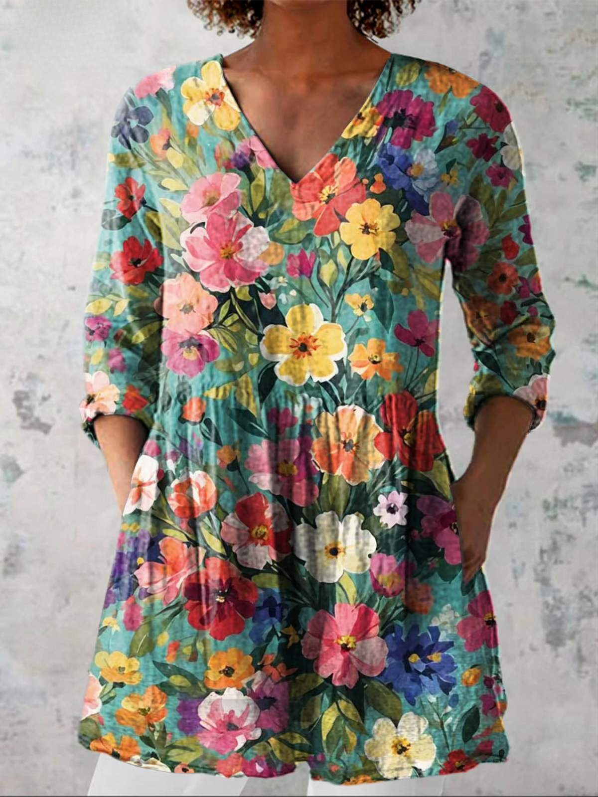 Nora Long Blouse with V-Neck, front view