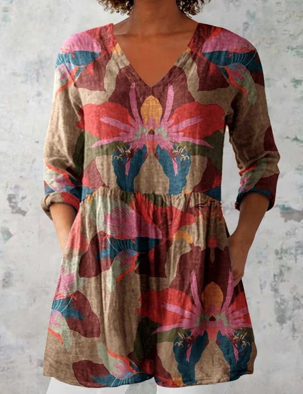 Sarah Long Blouse with V-Neck, front view
