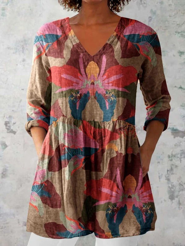 Sarah Long Blouse with V-Neck, front view