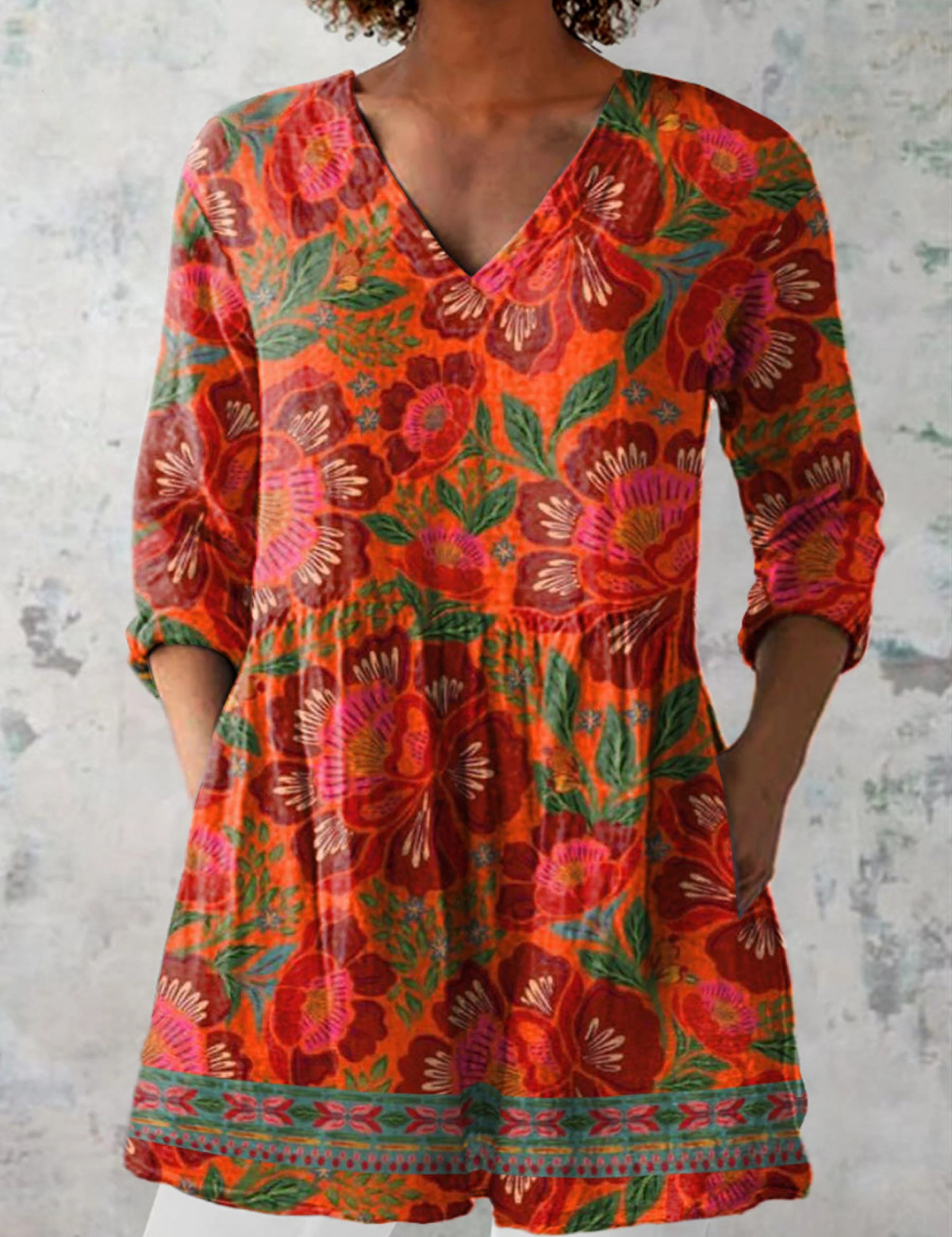 Marion Long Blouse with V-Neck, front view
