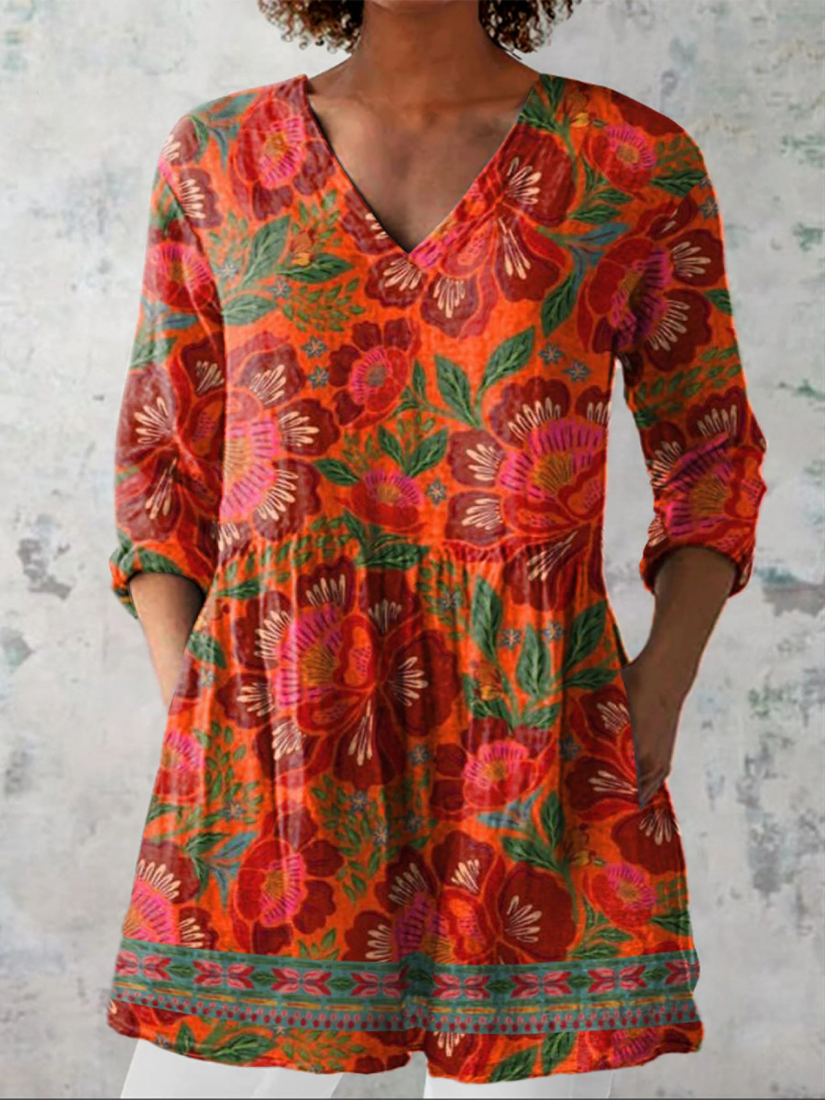 Marion Long Blouse with V-Neck, front view