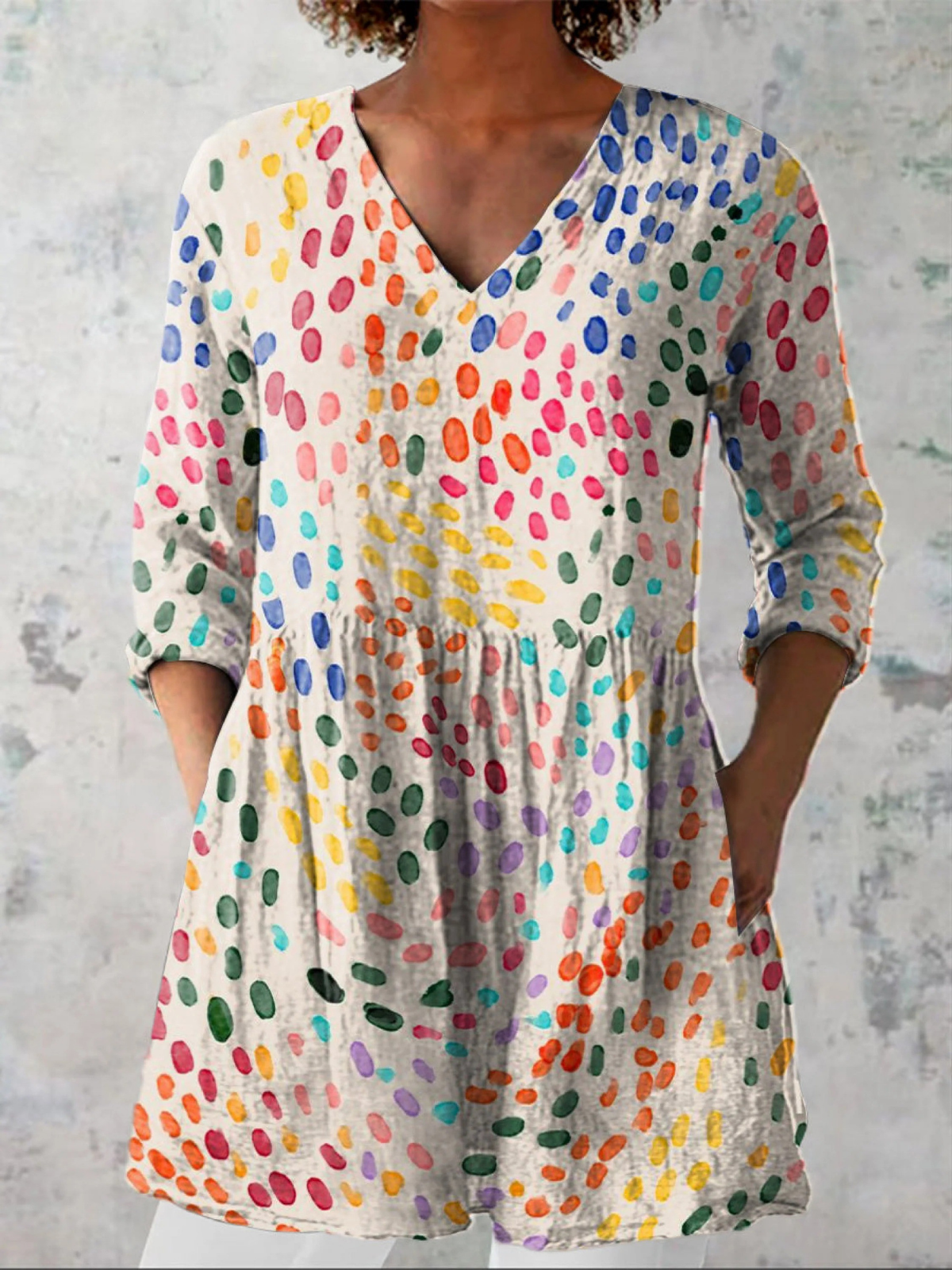 Pauline Long Blouse with V-Neck, front view