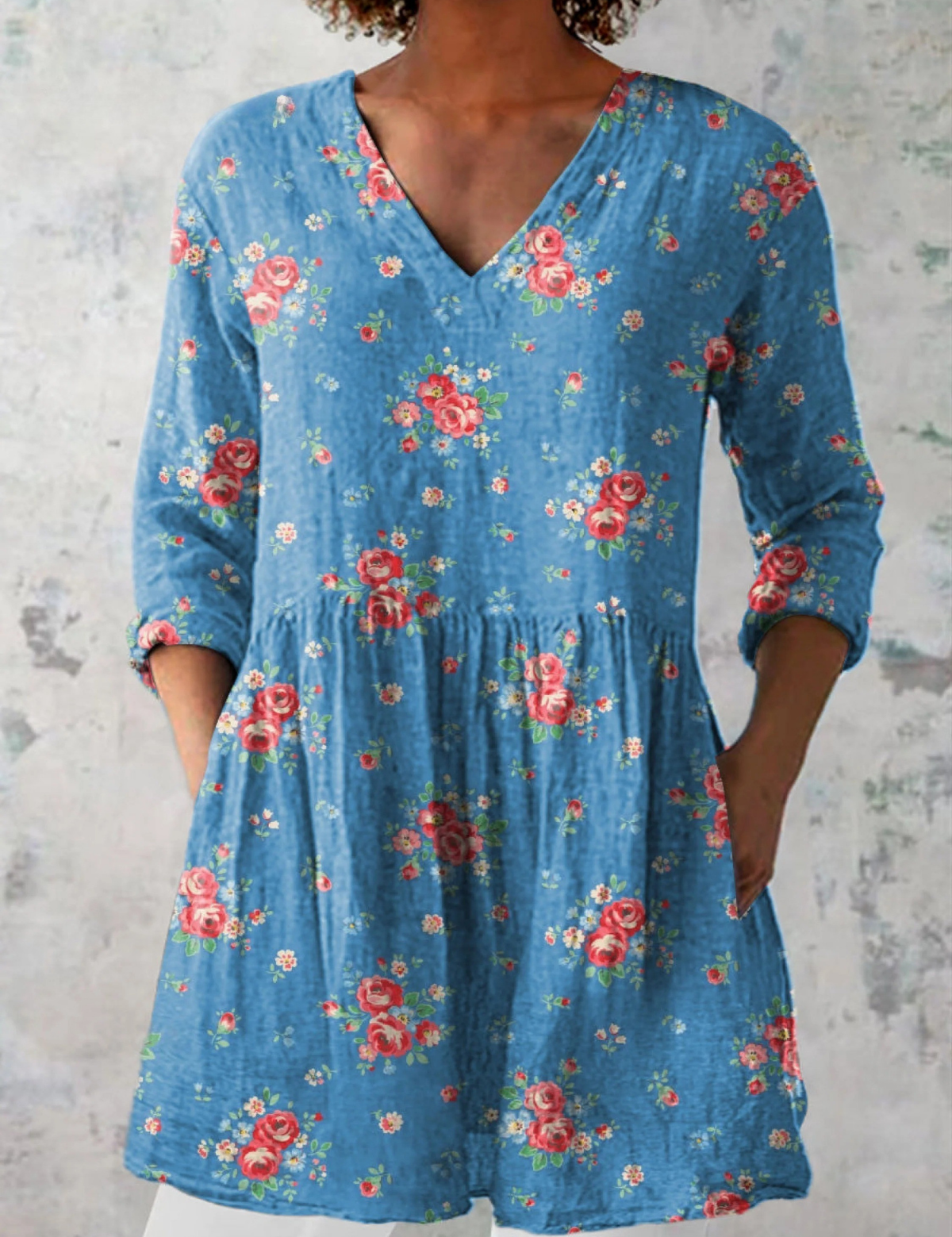 Melanie Long Blouse with V-Neck, front view