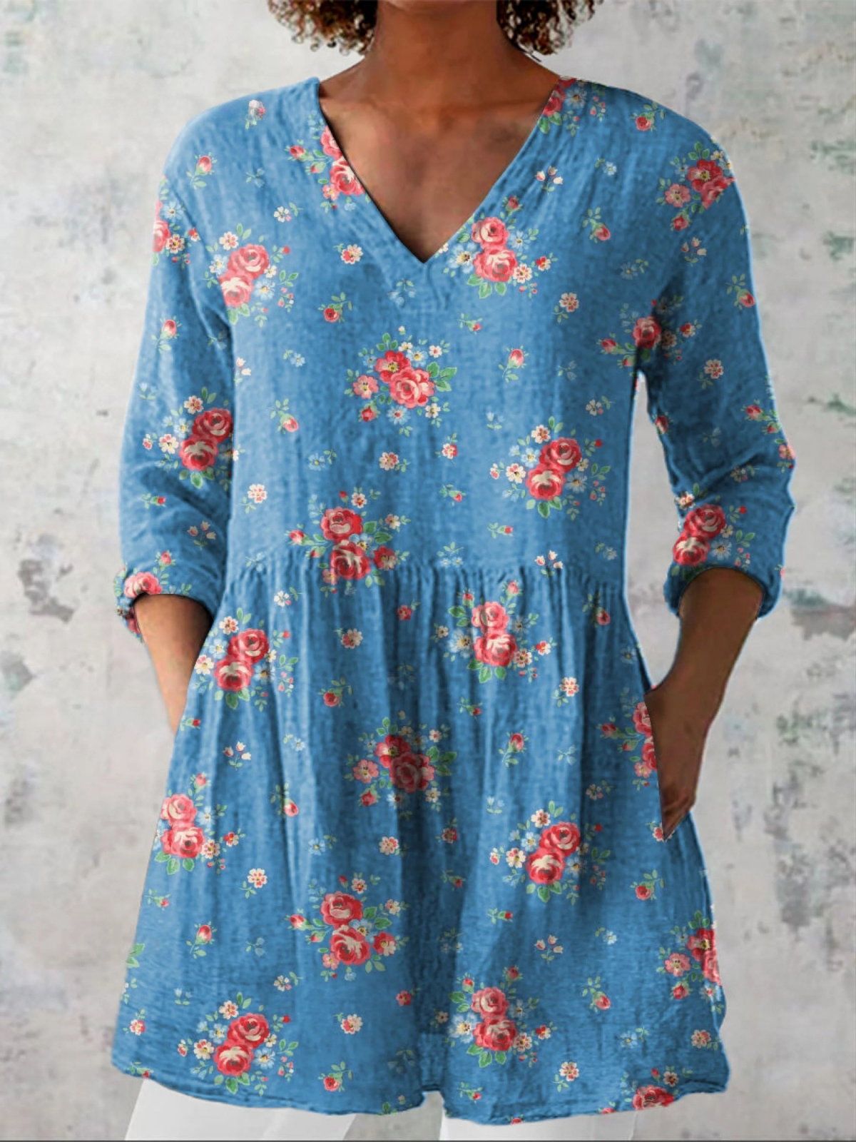 Melanie Long Blouse with V-Neck, front view