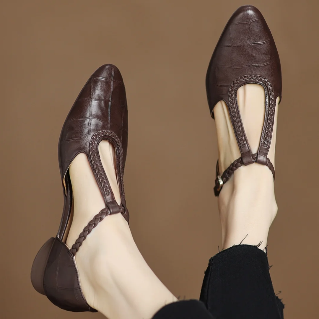 Greta Classic Leather T-Bar Shoes with Braided Detail - view 3
