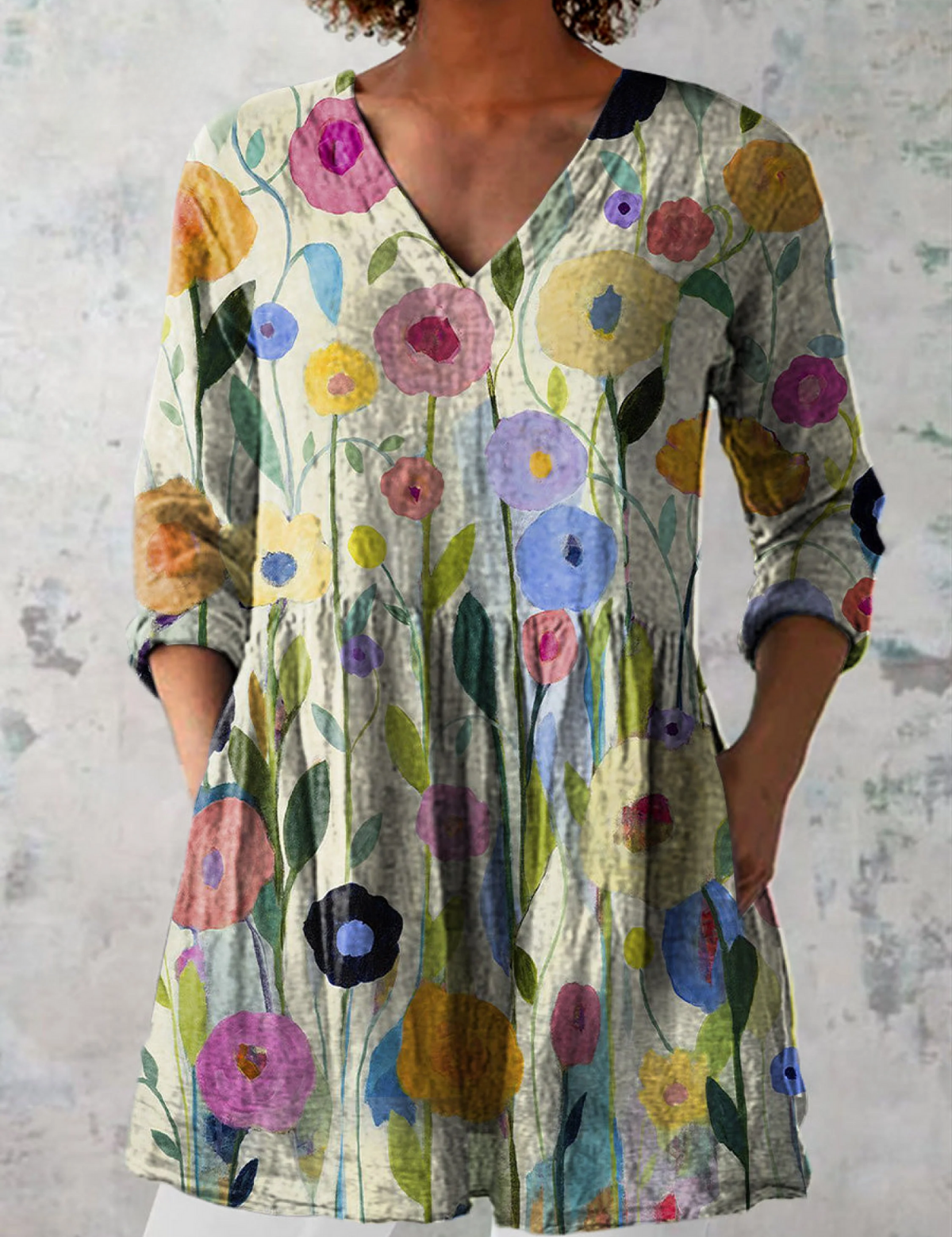 Louise Long Blouse with V-Neck, front view