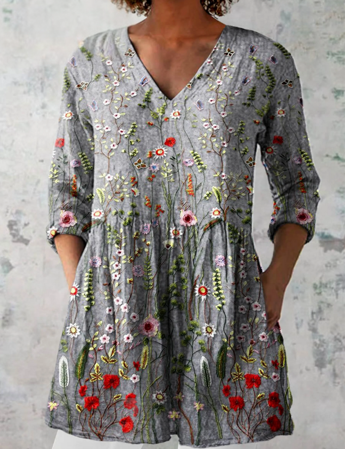 Amelie Long Blouse with V-Neck, front view