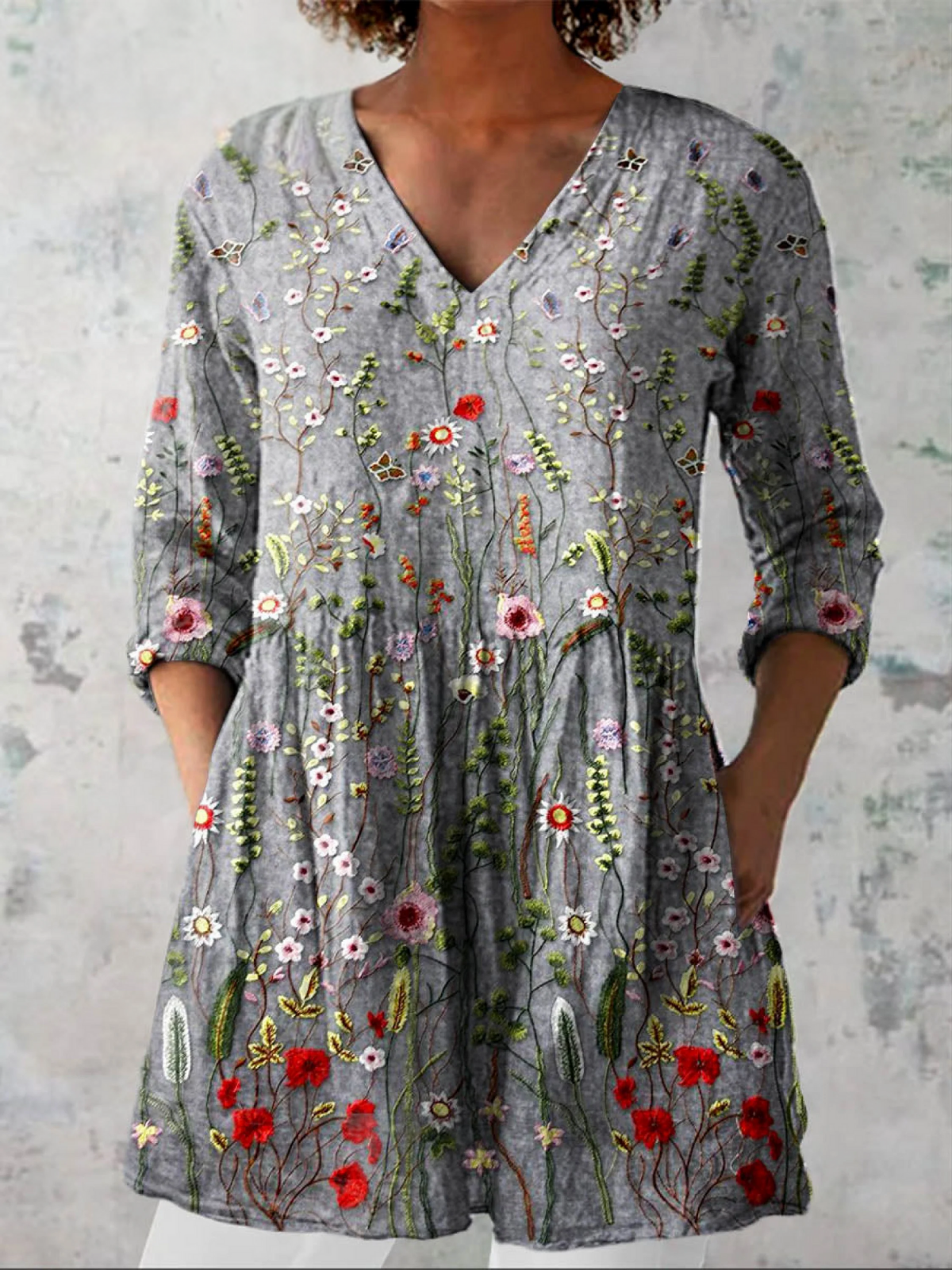 Amelie Long Blouse with V-Neck, front view