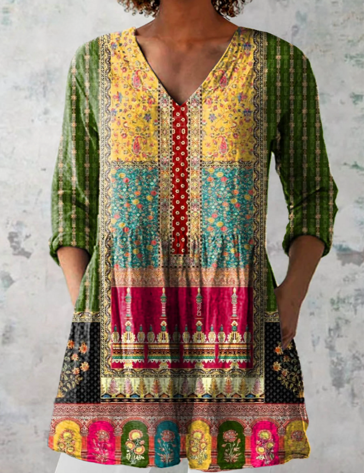 Emilie Long Blouse with V-Neck, front view