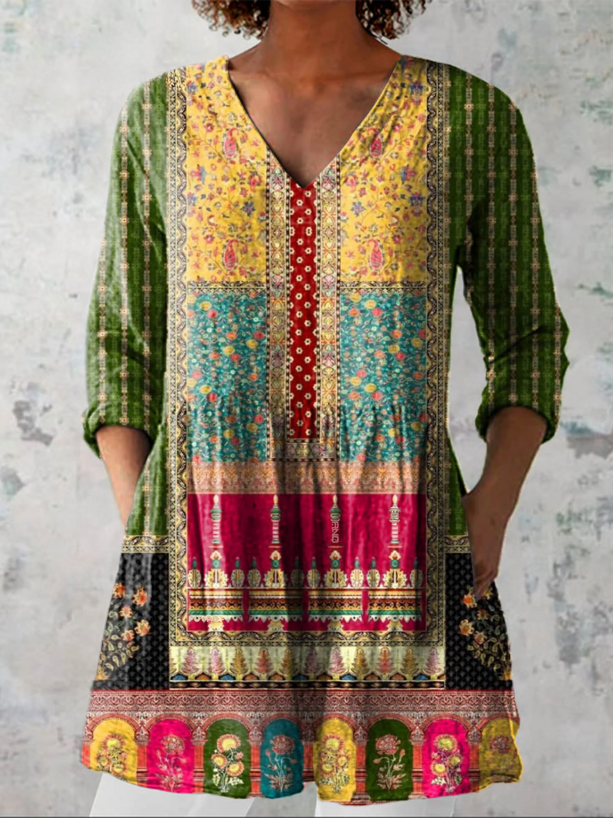 Emilie Long Blouse with V-Neck, front view