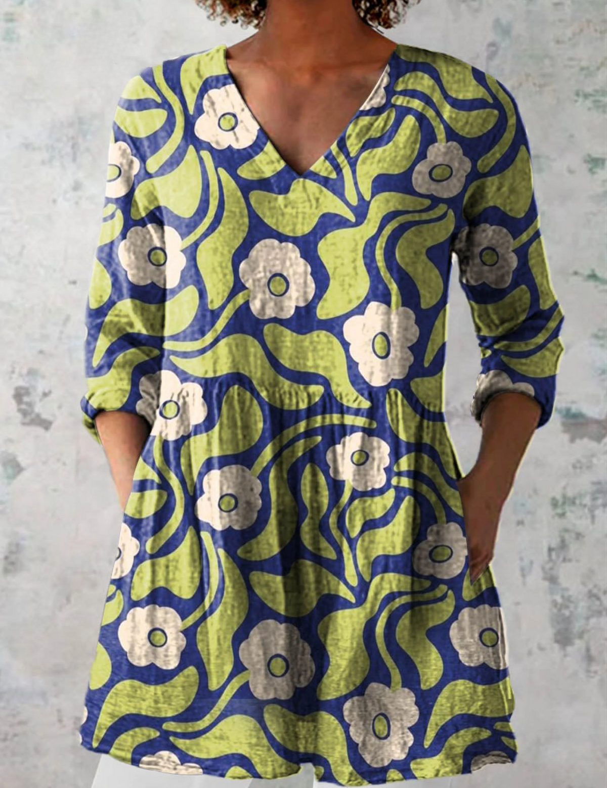 Elodie Long Blouse with V-Neck, front view