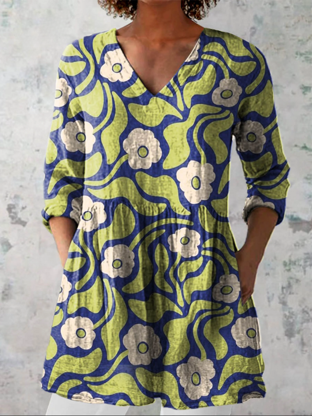Elodie Long Blouse with V-Neck, front view
