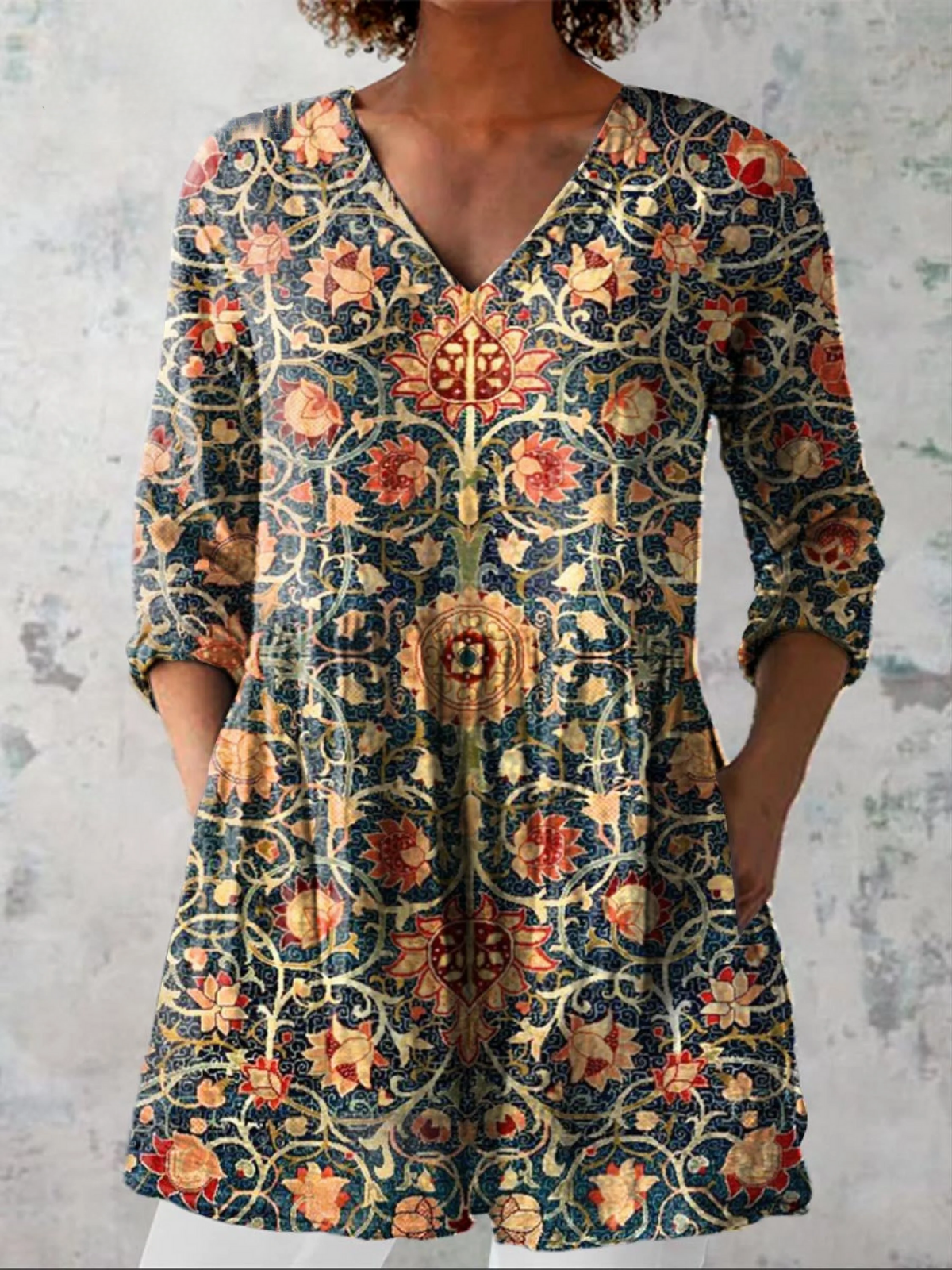 Celine Long Blouse with V-Neck, front view