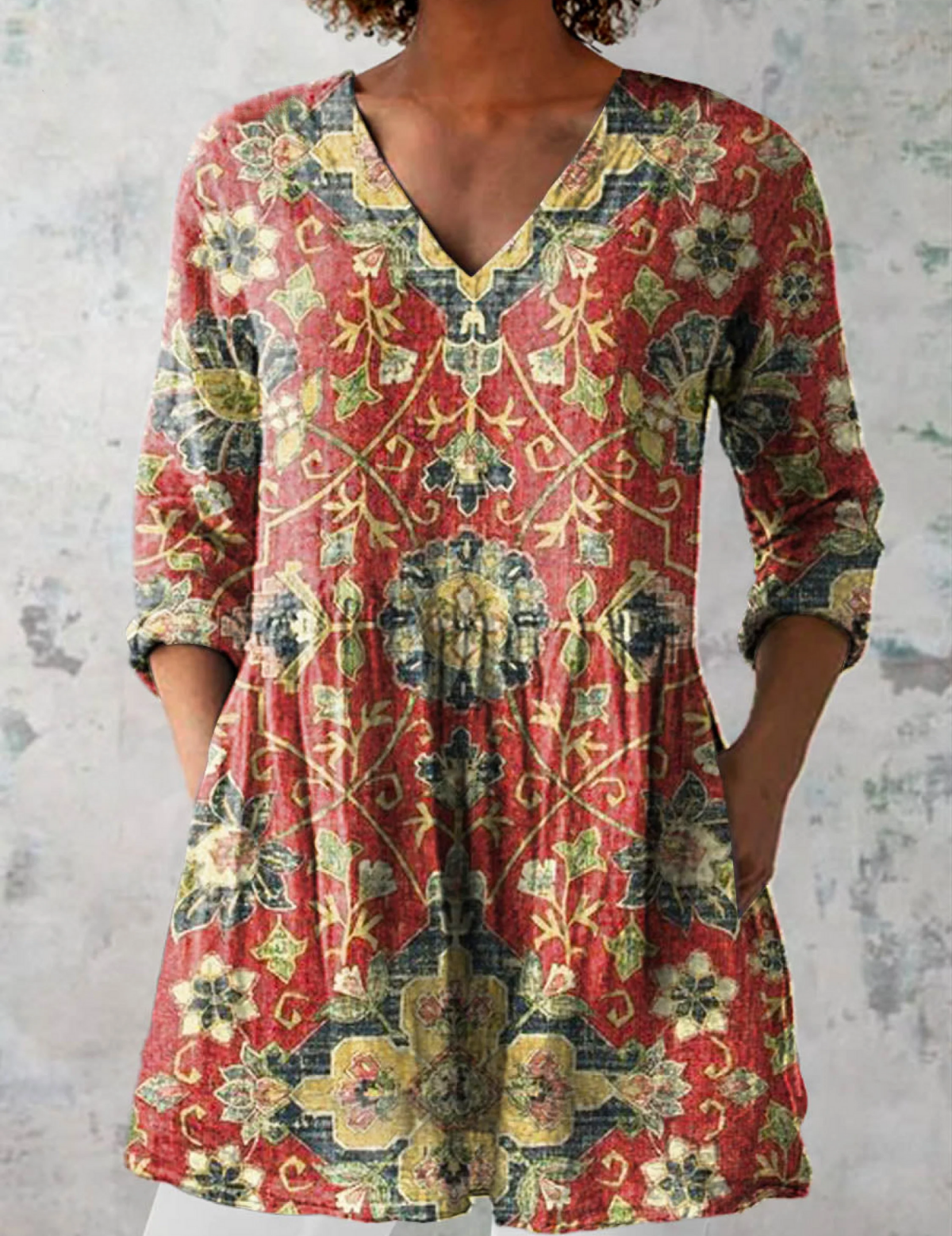 Lea Long Blouse with V-Neck, front view