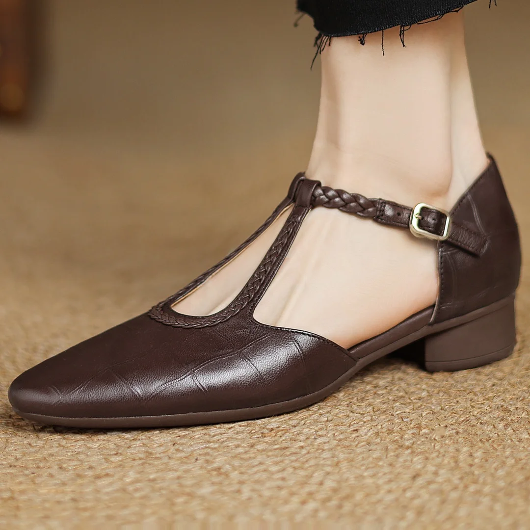 Greta Classic Leather T-Bar Shoes with Braided Detail
