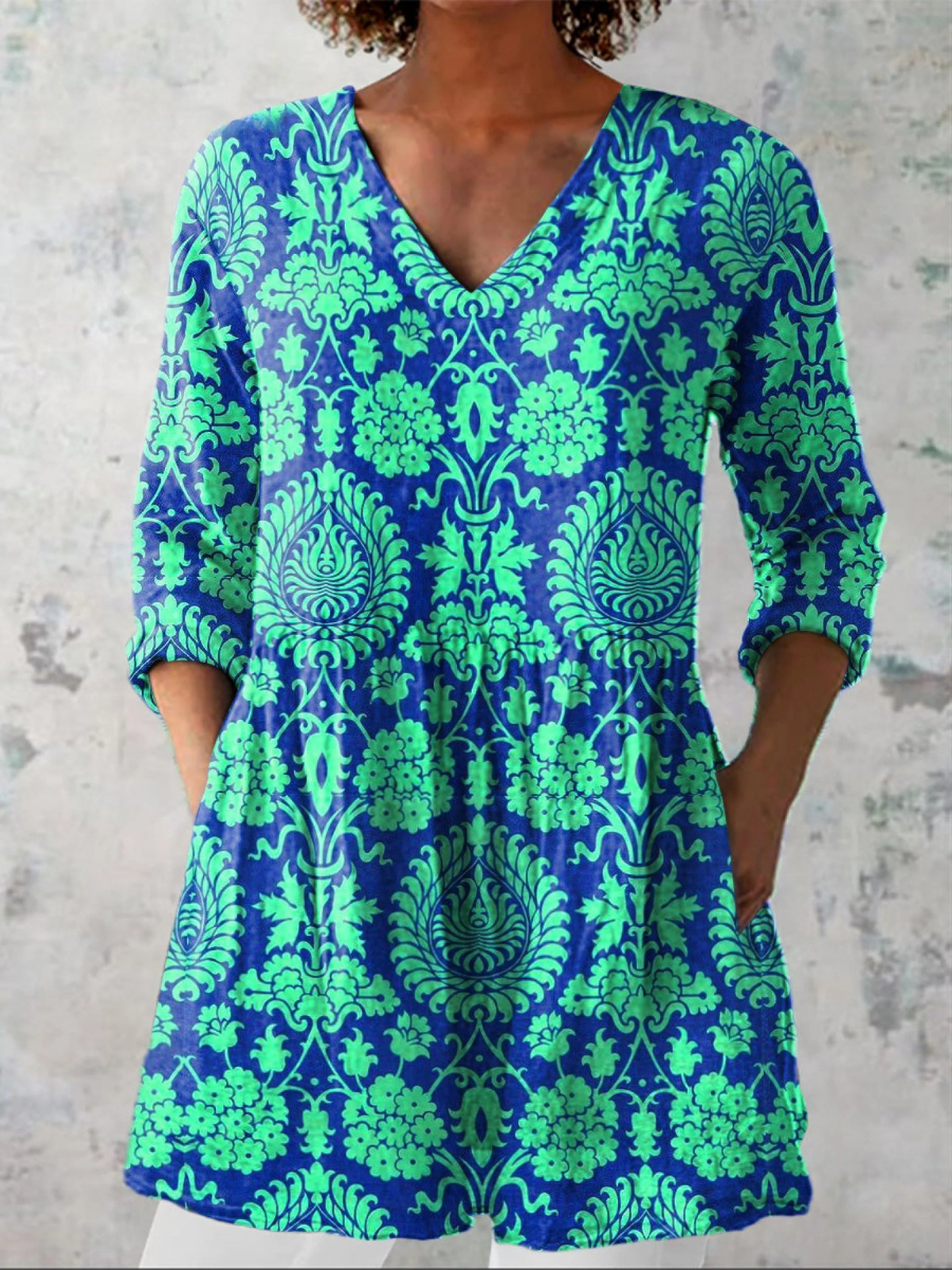 Ines Long Blouse with V-Neck, front view
