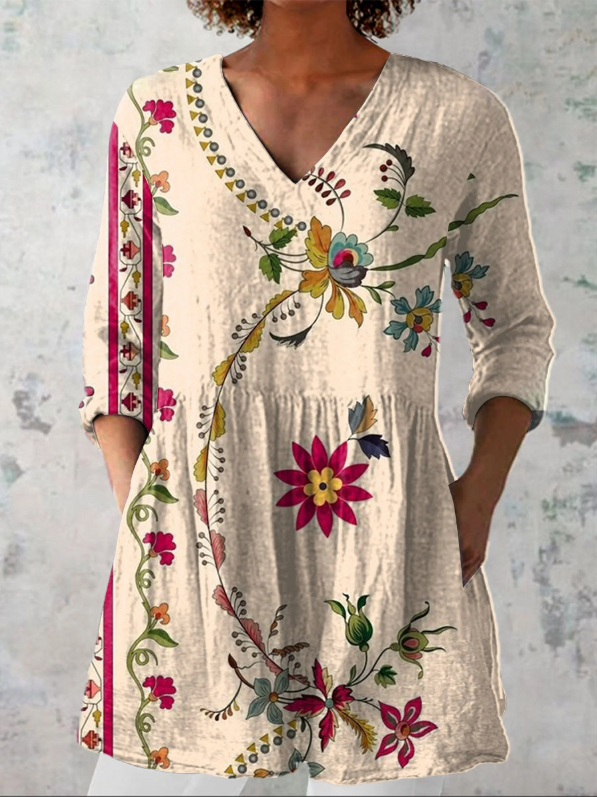Clara Long Blouse with V-Neck, front view