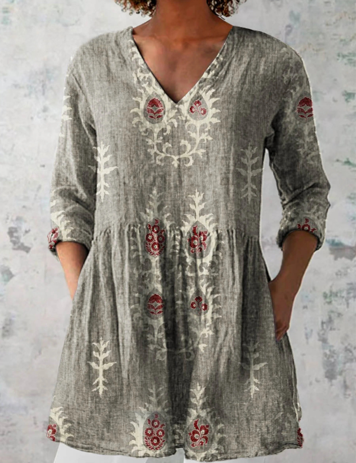 Elise Long Blouse with V-Neck, front view