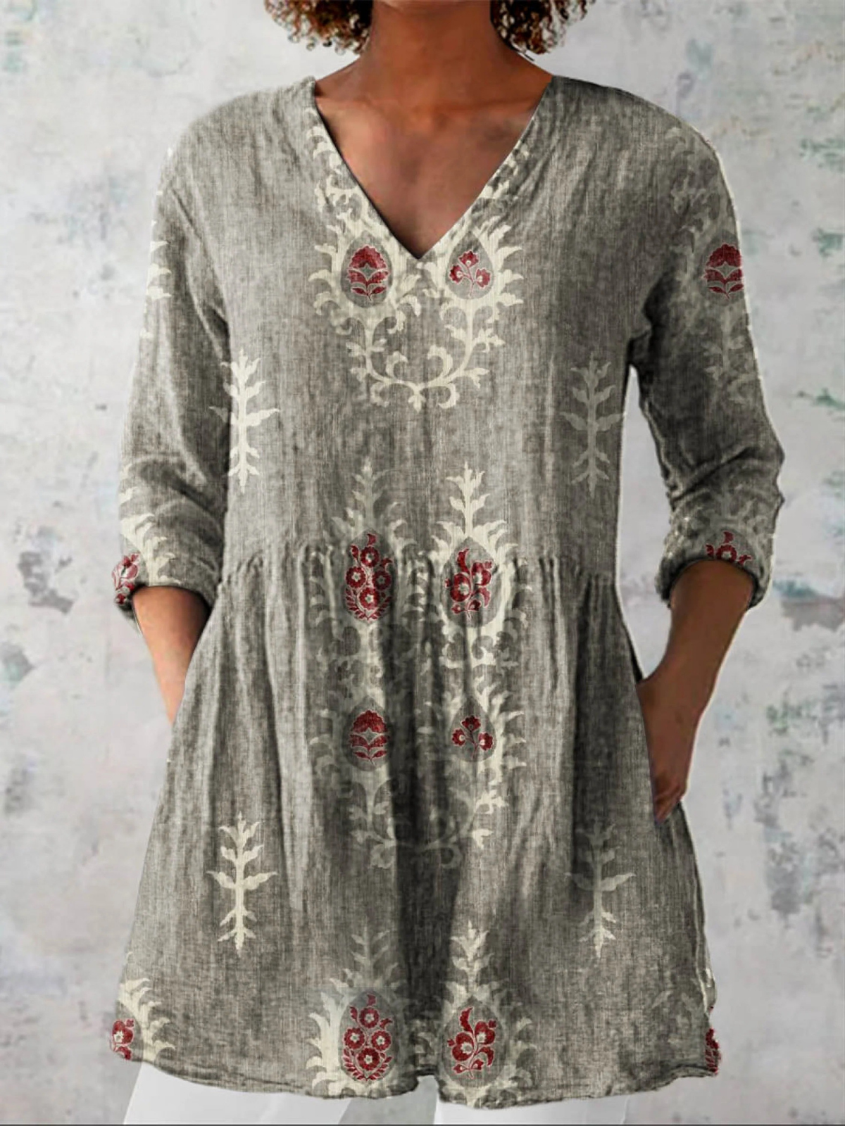 Elise Long Blouse with V-Neck, front view