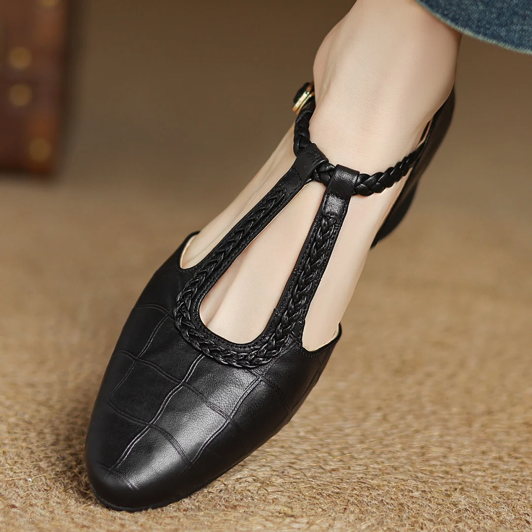 Greta Classic Leather T-Bar Shoes with Braided Detail - view 9
