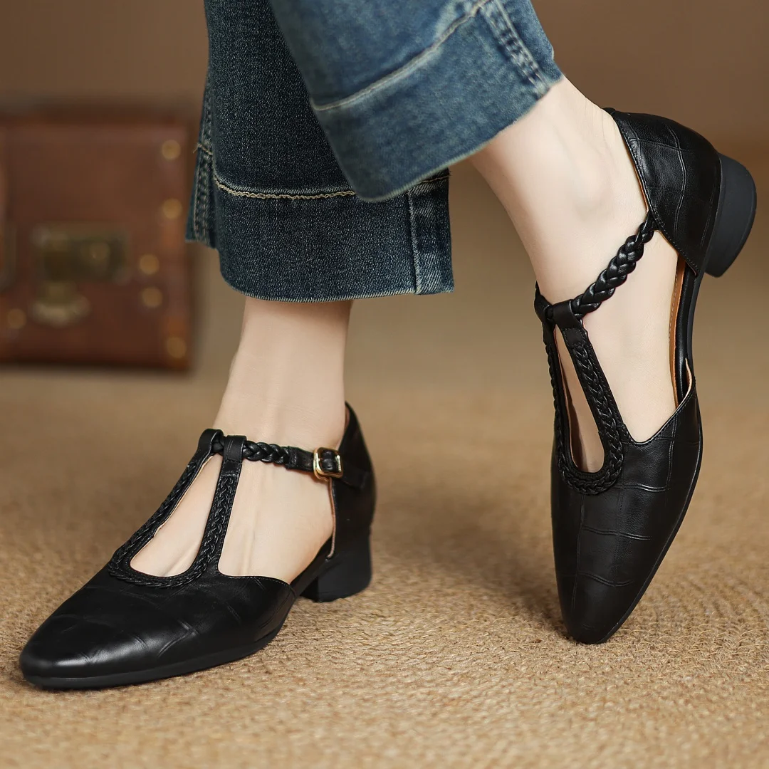 Greta Classic Leather T-Bar Shoes with Braided Detail - view 2