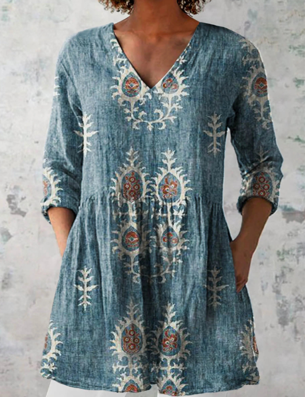 Elise Long Blouse with V-Neck, side view
