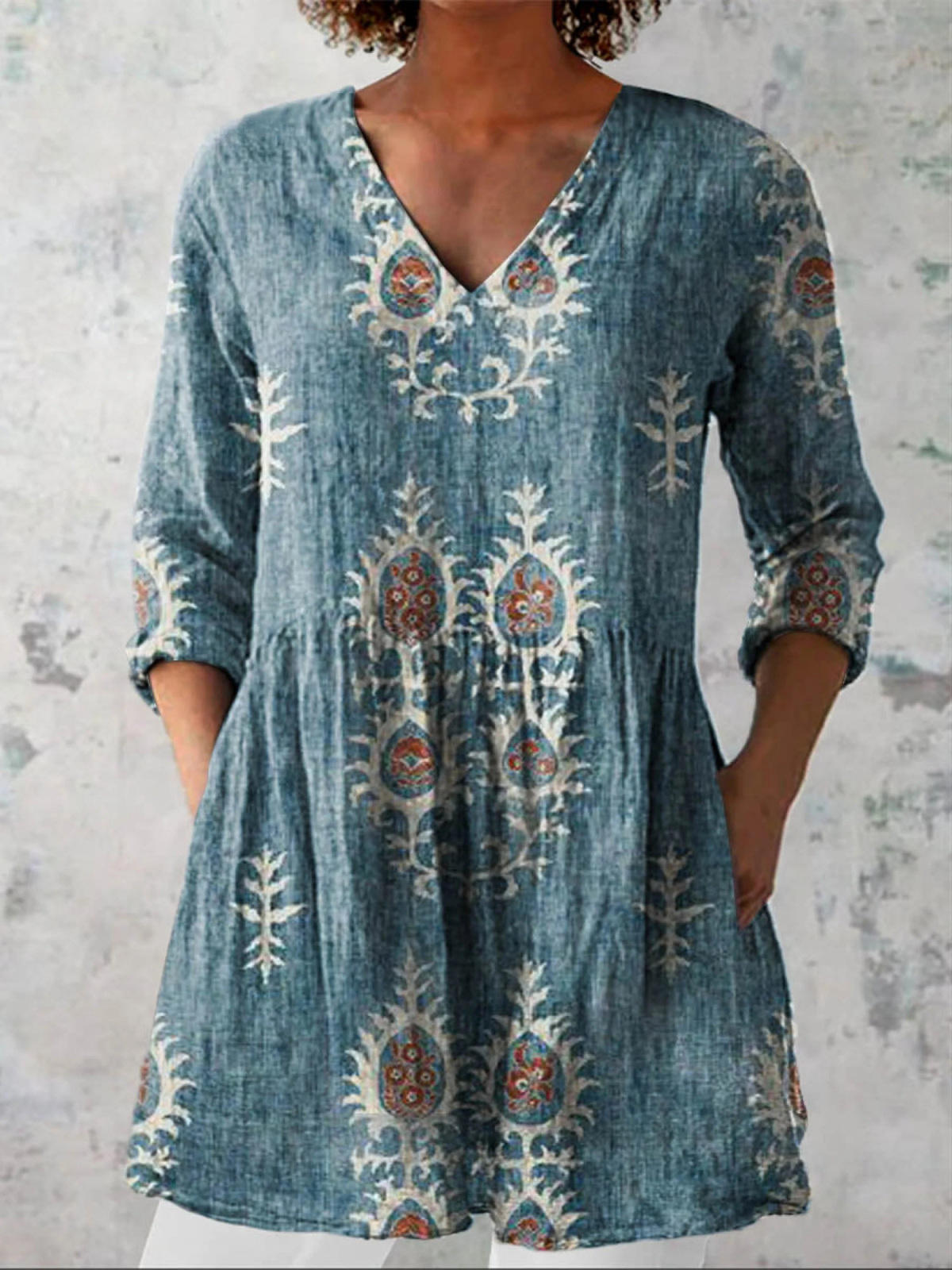 Elise Long Blouse with V-Neck, side view