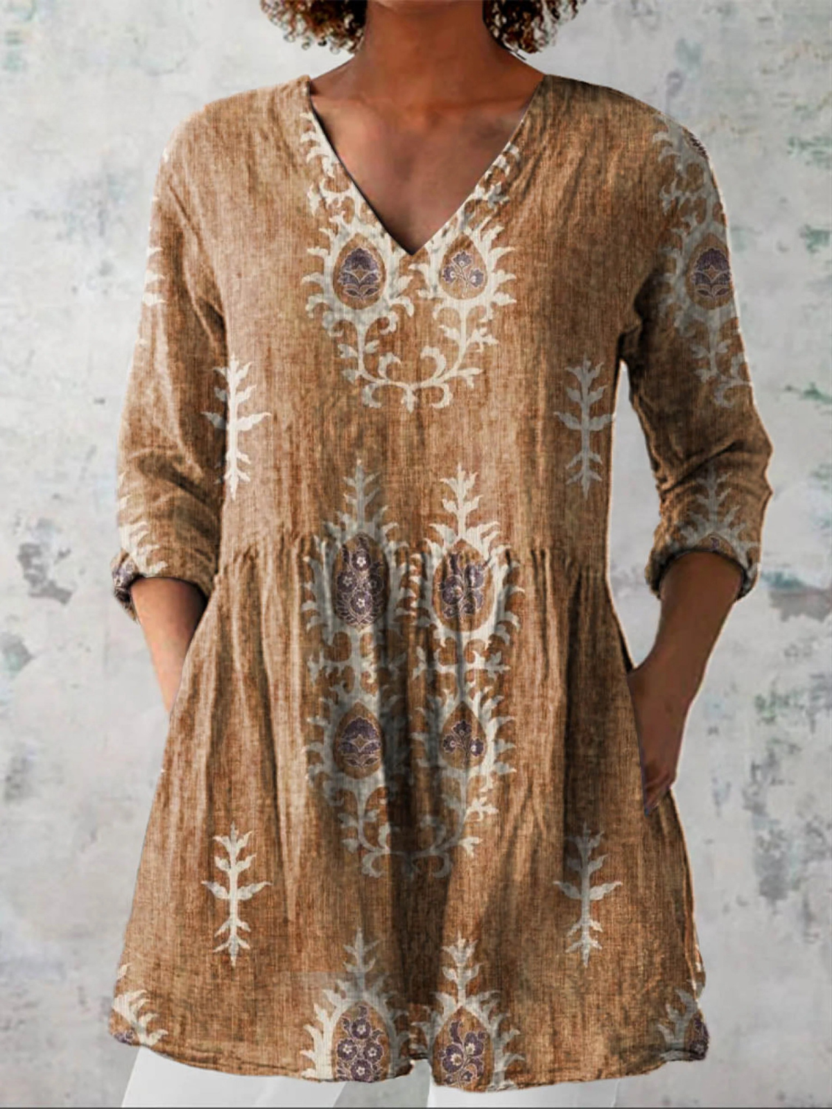 Elise Long Blouse with V-Neck, close-up
