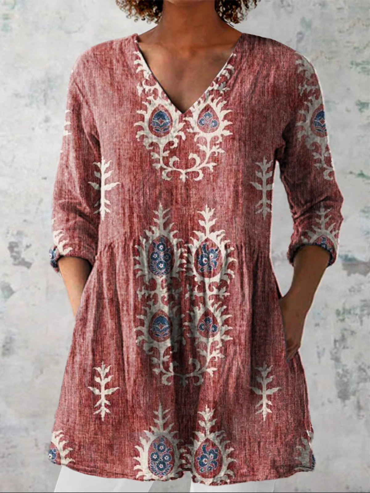 Elise Long Blouse with V-Neck, detail view