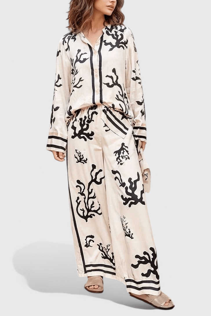 Amelia, Patterned Long-Sleeve Top & Wide-Leg Trousers Set