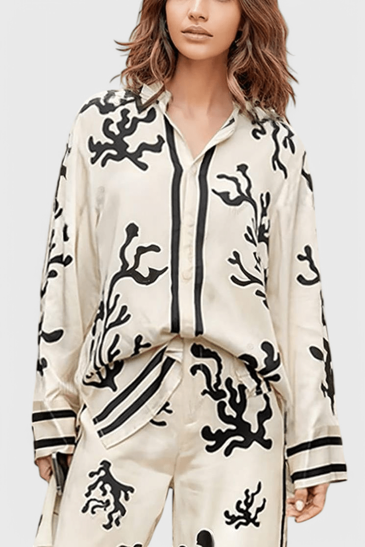Amelia, Patterned Long-Sleeve Top & Wide-Leg Trousers Set