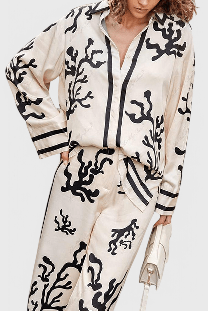 Amelia, Patterned Long-Sleeve Top & Wide-Leg Trousers Set