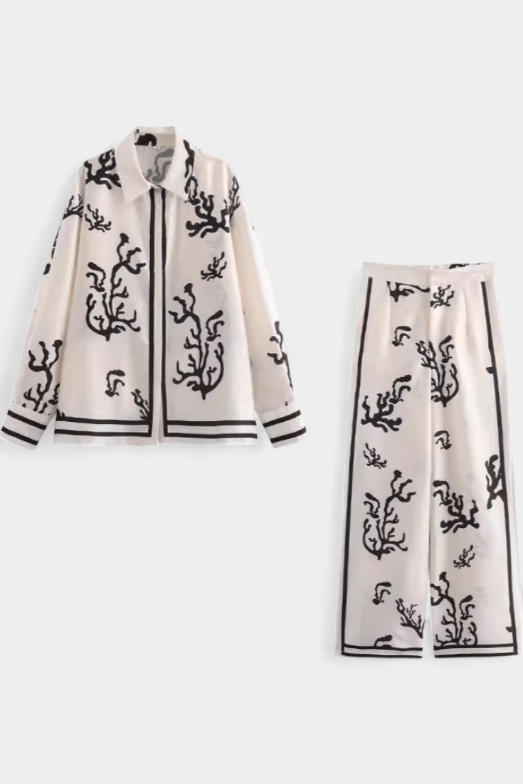 Amelia, Patterned Long-Sleeve Top & Wide-Leg Trousers Set