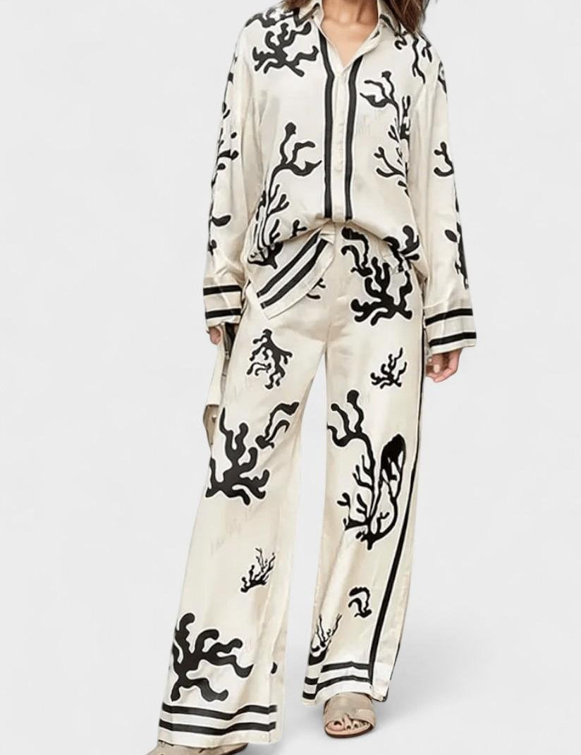 Amelia, Patterned Long-Sleeve Top & Wide-Leg Trousers Set