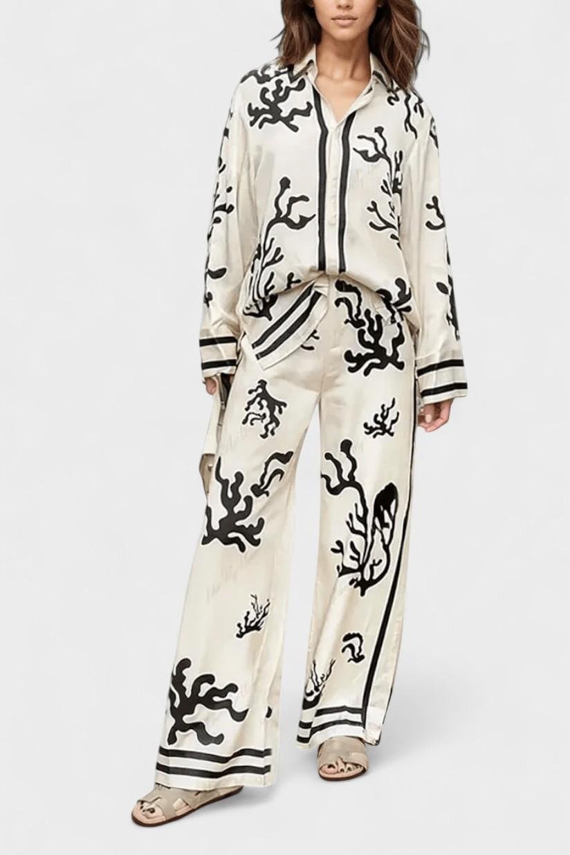 Amelia, Patterned Long-Sleeve Top & Wide-Leg Trousers Set