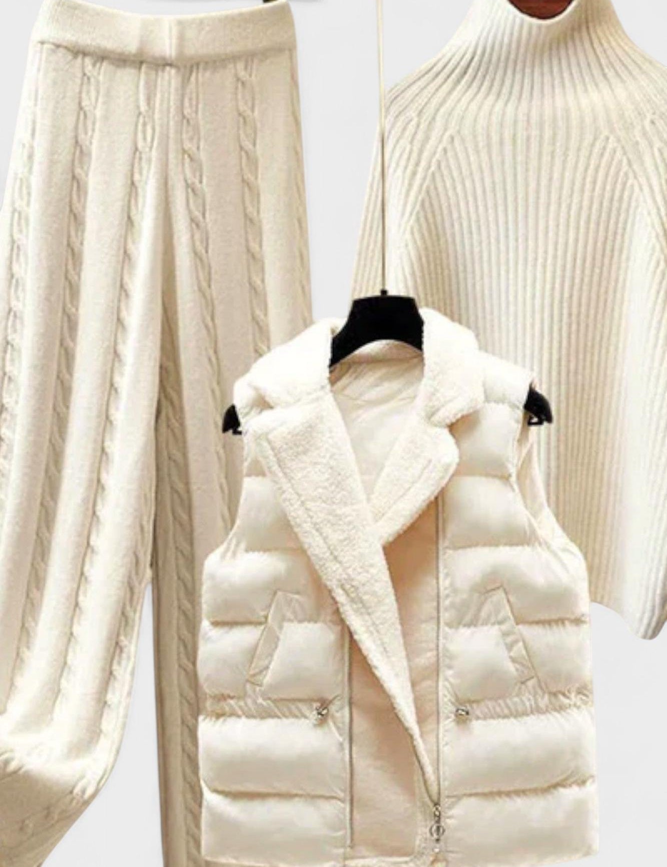 Esther, Cable-Knit Jumper, Quilted Gilet & Trousers Set