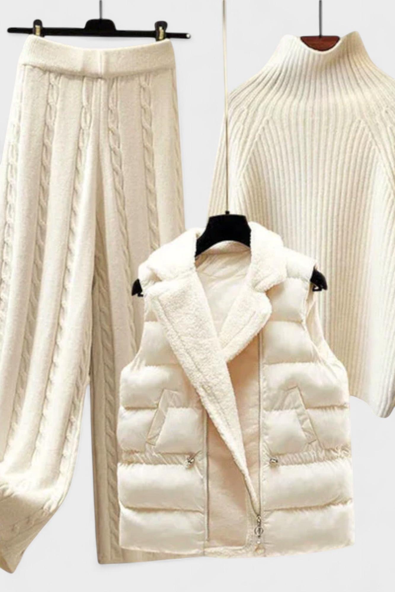 Esther, Cable-Knit Jumper, Quilted Gilet & Trousers Set