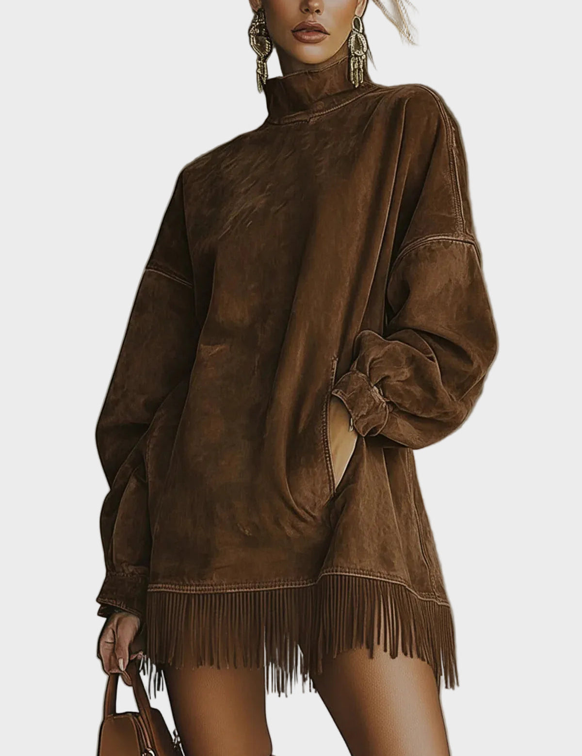 Hattie | Faux Suede Roll Neck Dress with Fringing
