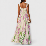 Rosalind | Pleated Floral Chiffon Maxi Dress with Waist Belt