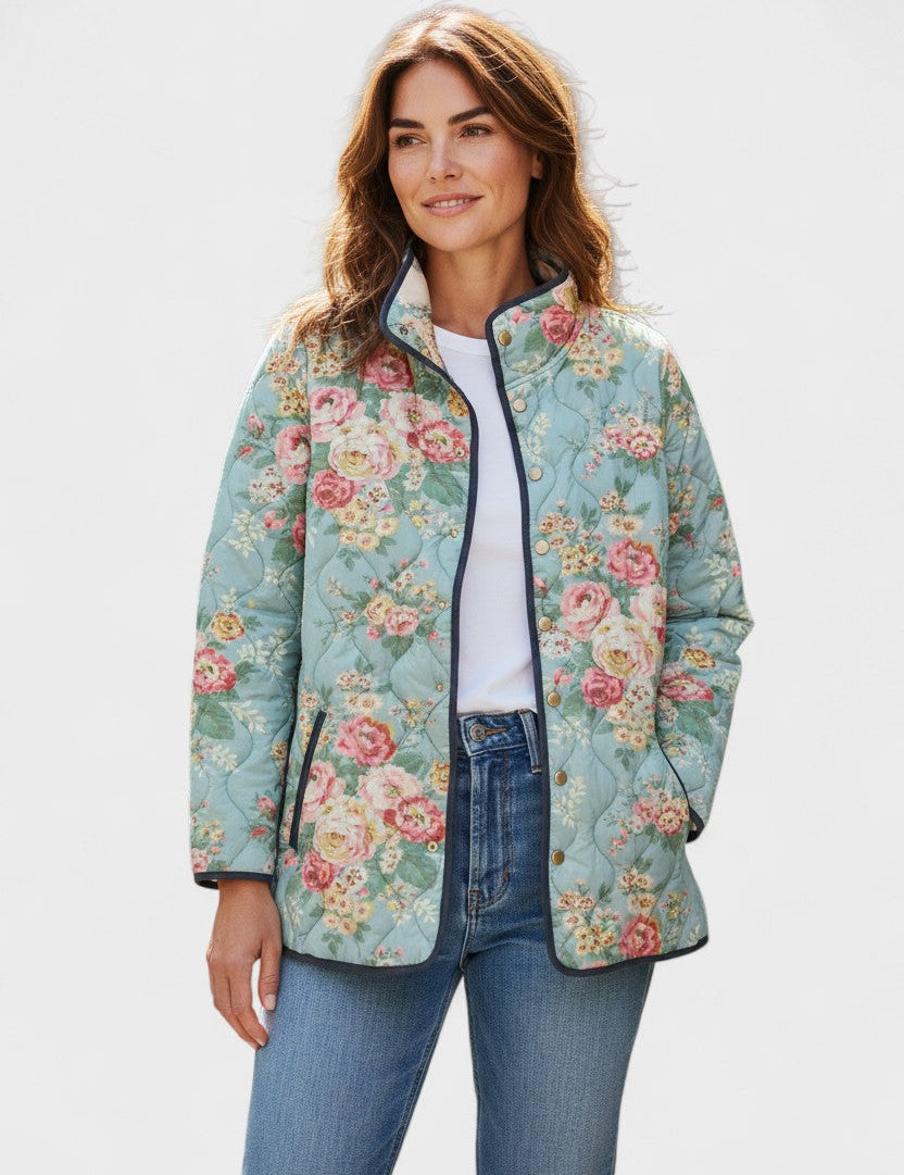 Marianne Light Blue Quilted Jacket with Rose Pattern