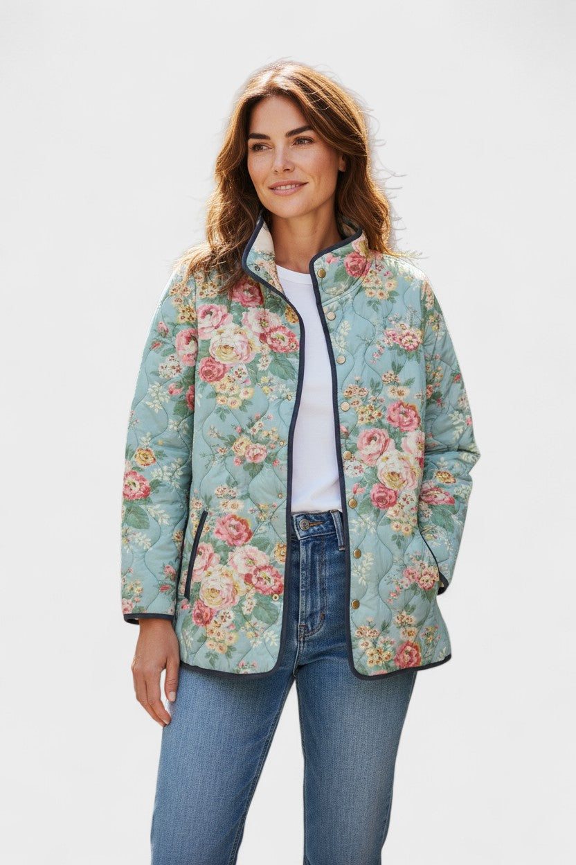 Marianne Light Blue Quilted Jacket with Rose Pattern
