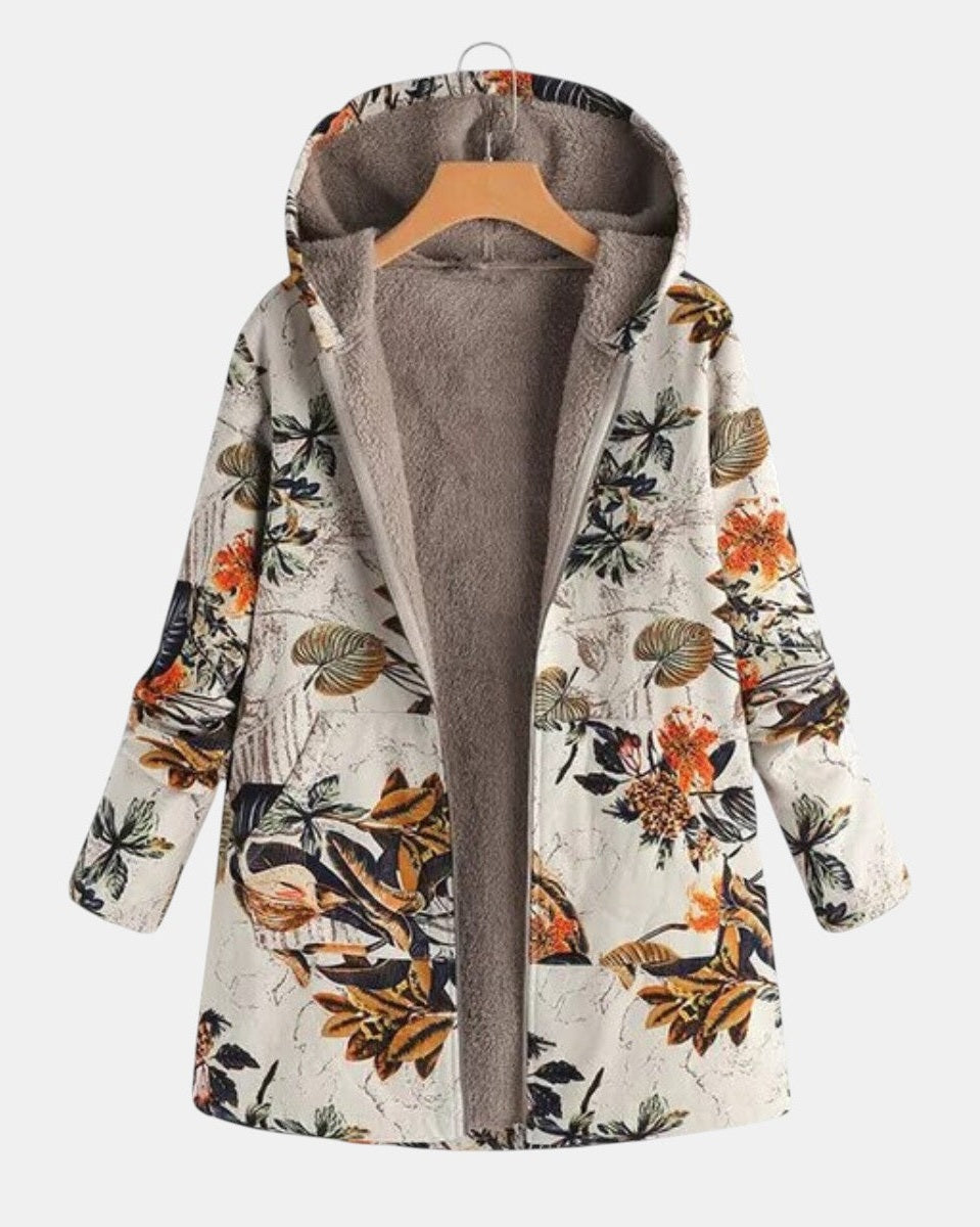 Elena Boho-Sherpa Hooded Coat with Floral Pattern - view 2