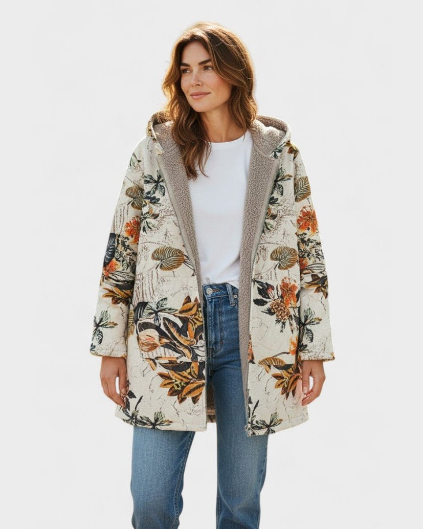 Elena Boho-Sherpa Hooded Coat with Floral Pattern