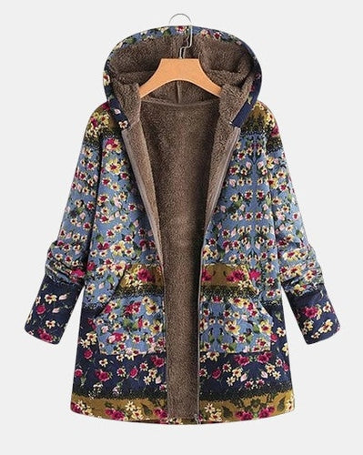 Elena Boho-Sherpa Hoodie with Floral Pattern