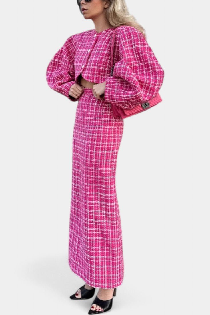 Ella, Pink Checked Jacket & Maxi Skirt Set